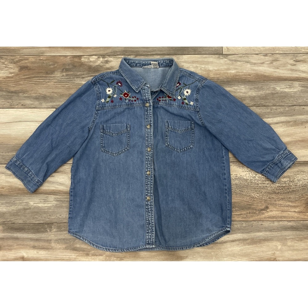 90s y2k Girls L (14-16) Floral Button Up Embroide Collared Northcrest